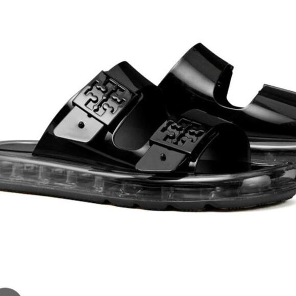 TORY BURCH $228 BLACK BUCKLE JELLY SLIDE SANDAL Shoes Sz 9 Summer Beach pool - Picture 7 of 16